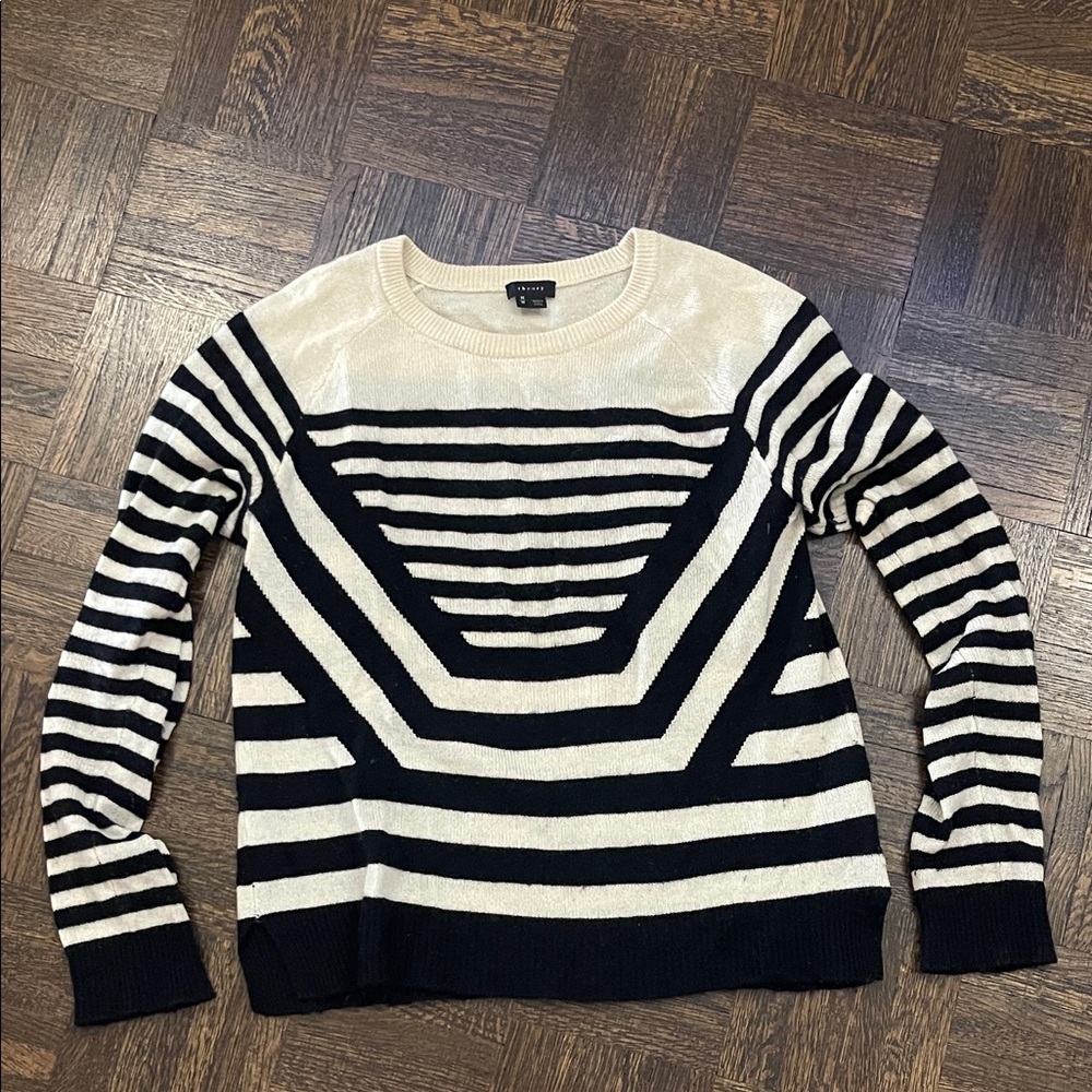 Theory Black and Cream Striped Crewneck Sweater